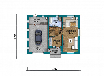 Проект современного двухэтажного дома с просторным гаражом, балконом, совмещенной кухней-гостиной и большим зимним садом на втором этаже / План 1 этажа Проект современного двухэтажного дома с просторным гаражом, балконом, совмещенной кухней-гостиной и большим зимним садом на втором этаже / План 1 этажа