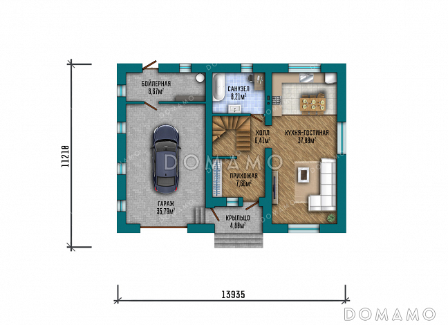 Проект современного двухэтажного дома с просторным гаражом, балконом, совмещенной кухней-гостиной и большим зимним садом на втором этаже / План 1 этажа Проект современного двухэтажного дома с просторным гаражом, балконом, совмещенной кухней-гостиной и большим зимним садом на втором этаже / План 1 этажа
