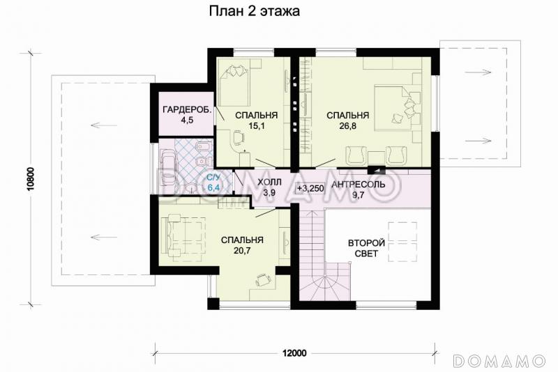проект светлого дома с верандой и гаражом для одной машины / План мансардного этажа