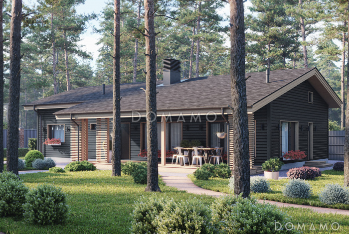 Проект одноэтажного дома с большой террасой, 4 спальнями и сауной