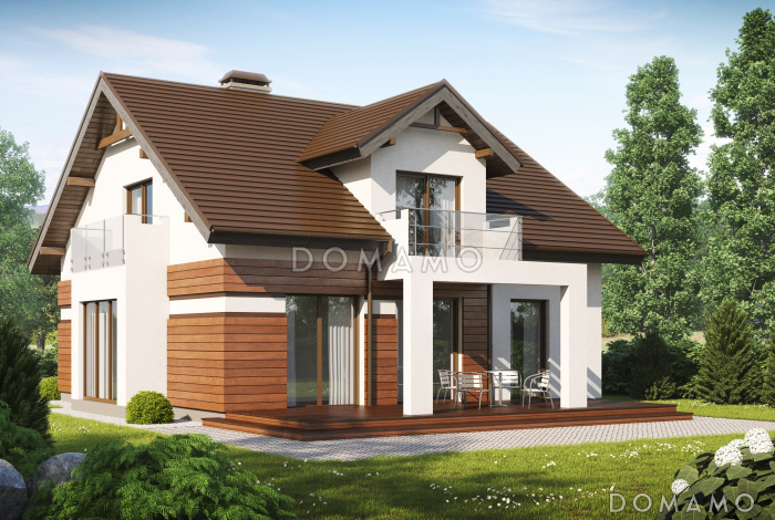 Проект одноэтажного мансардного дома из газобетона с кабинетом, эркером и балконом Проект одноэтажного мансардного дома из газобетона с кабинетом, эркером и балконом