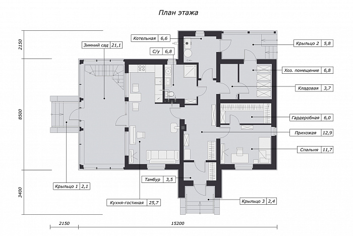 Проект дома с одной спальней, панорамным остеклением, зимним садом и чердаком / План 1 этажа