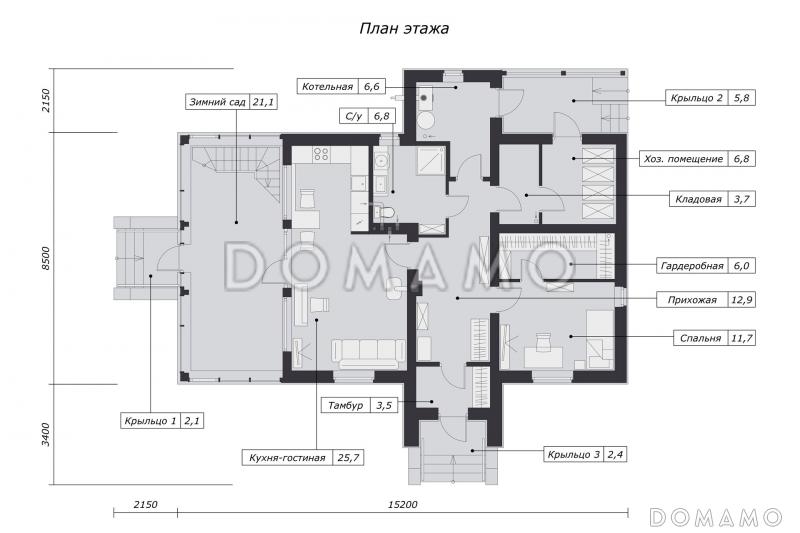 Проект дома с одной спальней, панорамным остеклением, зимним садом и чердаком / План 1 этажа