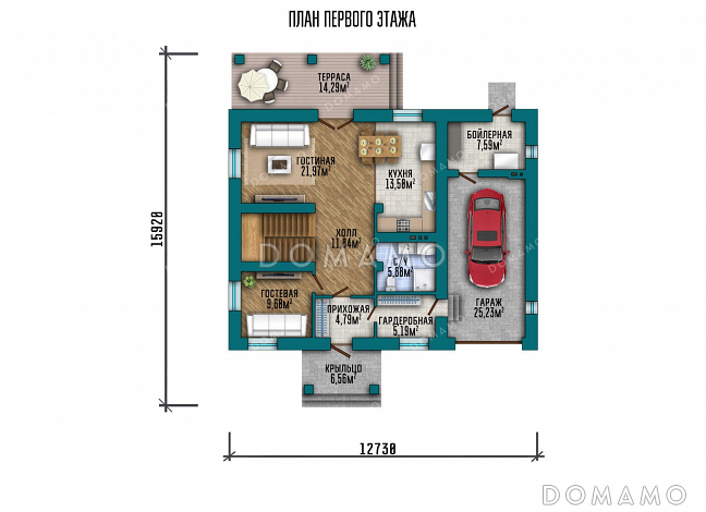 Проект двухэтажного дома с террасой, большой гостиной и гаражом / План 1 этажа