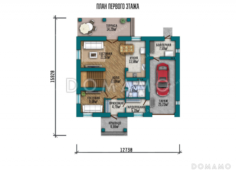 Проект двухэтажного дома с террасой, большой гостиной и гаражом / План 1 этажа