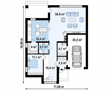 Проект современного двухэтажного дома из кирпича с дополнительной спальней на первом этаже и гаражом / План 1 этажа Проект современного двухэтажного дома из кирпича с дополнительной спальней на первом этаже и гаражом / План 1 этажа