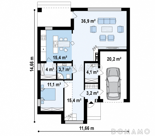 Проект современного двухэтажного дома из кирпича с дополнительной спальней на первом этаже и гаражом / План 1 этажа Проект современного двухэтажного дома из кирпича с дополнительной спальней на первом этаже и гаражом / План 1 этажа