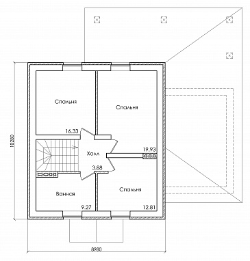 Проект коттеджа с мансардным этажом, гаражом и большой террасой / План мансардного этажа