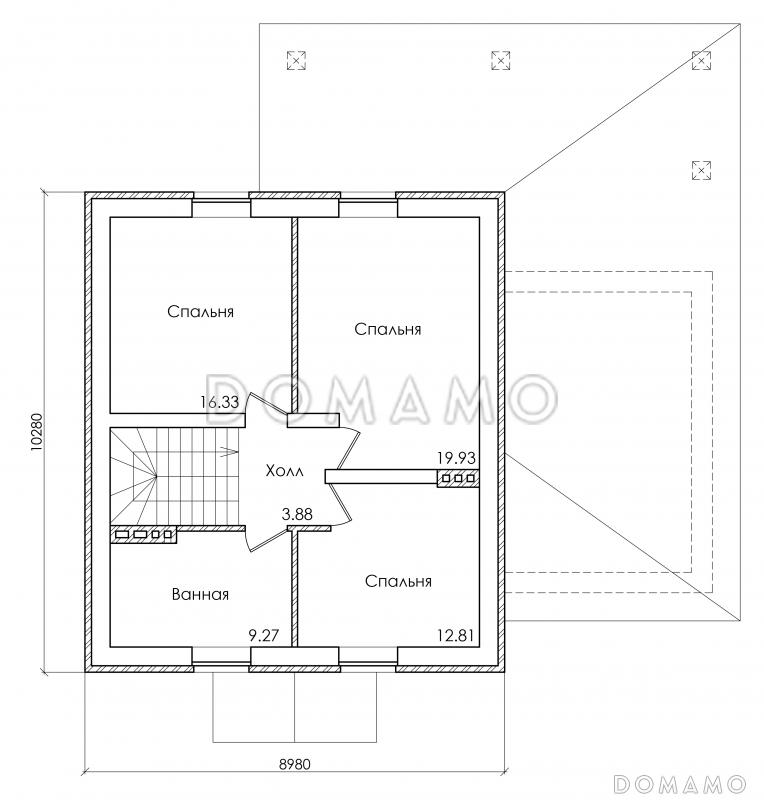 Проект коттеджа с мансардным этажом, гаражом и большой террасой / План мансардного этажа