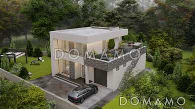 Проект двухэтажного дома из газобетона в стиле хай-тек со встроенным гаражом и открытой террасой на втором этаже Проект двухэтажного дома из газобетона в стиле хай-тек со встроенным гаражом и открытой террасой на втором этаже