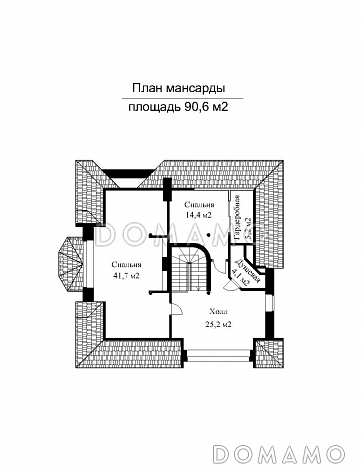 Проект импозантного особняка с гаражом на две машины, бассейном и тренажерным залом / План мансардного этажа Проект импозантного особняка с гаражом на две машины, бассейном и тренажерным залом / План мансардного этажа