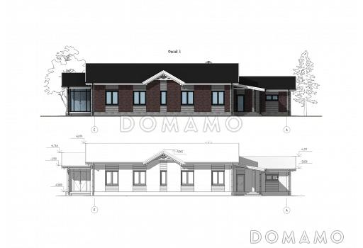 Проект одноэтажного дома с мастер-спальней, кабинетом, гаражом на 2 машины и застекленной террасой / Фасад 3 Проект одноэтажного дома с мастер-спальней, кабинетом, гаражом на 2 машины и застекленной террасой / Фасад 3