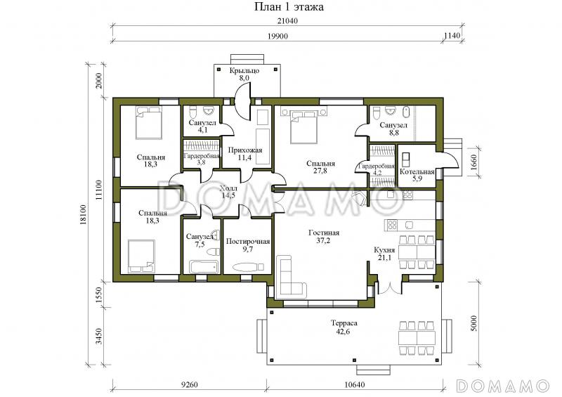 Проект одноэтажного дома в стиле хай-тек с полуоткрытой террасой и окнами в пол / План 1 этажа