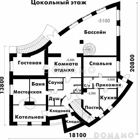 Проект комфортабельного дома с баней, бассейном, сауной и огромной террасой с барбекю / План 1 этажа Проект комфортабельного дома с баней, бассейном, сауной и огромной террасой с барбекю / План 1 этажа