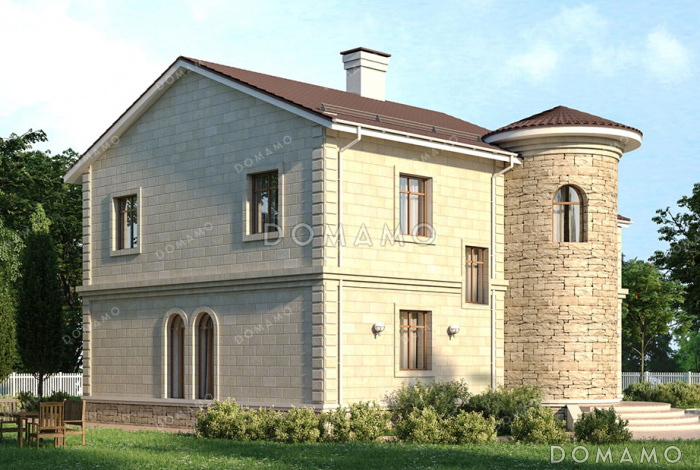 Проект дома с круглым эркером в кабинете, четырьмя спальнями и кладовой на кухне