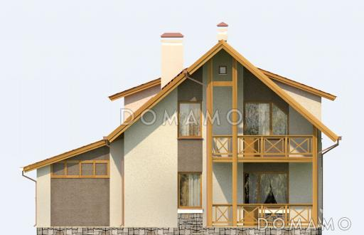 Проект коттеджа с красной двускатной крышей, тремя спальными комнатами, балконом и гаражом / Фасад 3