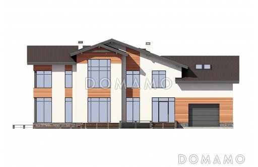 Проект дома с гаражом, двумя открытыми террасами, кабинетами, игровой на втором этаже, кладовыми / Фасад 3
