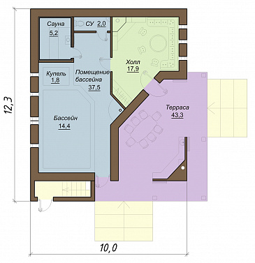Проект бани с бассейном и террасой для отдыха / План 1 этажа