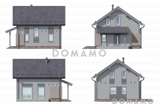 Проект компактного двухэтажного дома из деревянного кирпича с тремя спальнями / Фасад 1