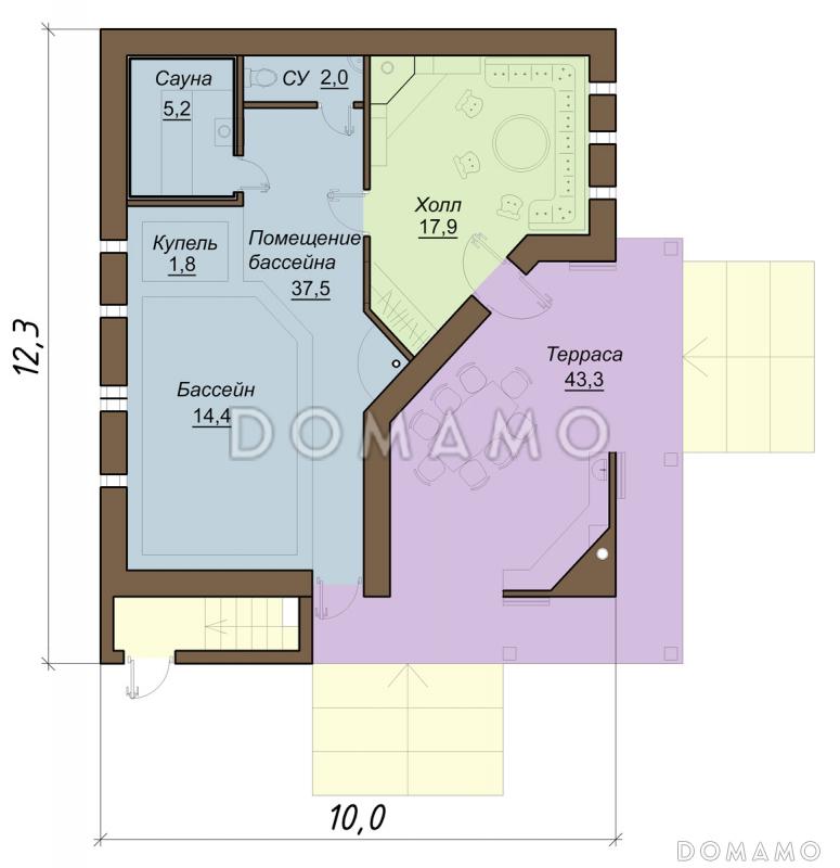Проект бани с бассейном и террасой для отдыха / План 1 этажа