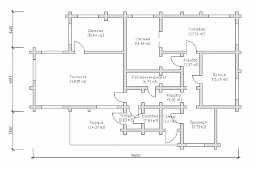 Проект одноэтажного дома с отделкой под брус и витражными окнами / План 1 этажа