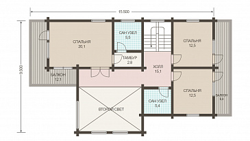 Проект двухэтажного дома из клееного бруса с двумя гостевыми комнатами на первом этаже / План мансардного этажа Проект двухэтажного дома из клееного бруса с двумя гостевыми комнатами на первом этаже / План мансардного этажа