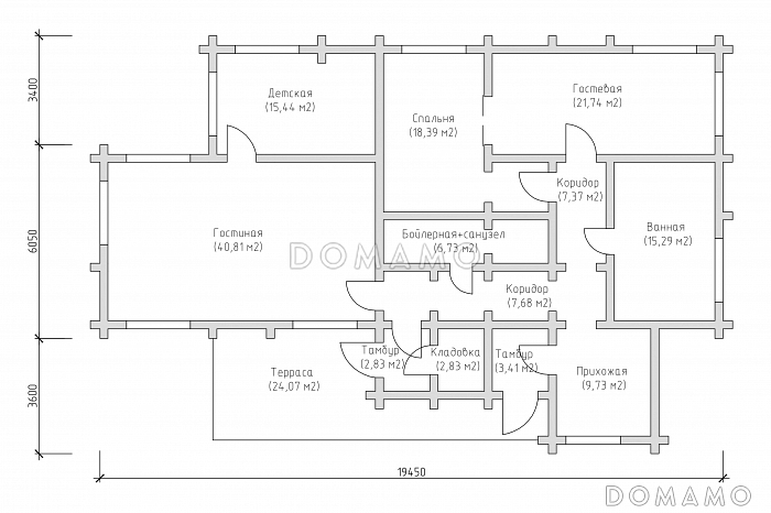Проект одноэтажного дома с отделкой под брус и витражными окнами / План 1 этажа