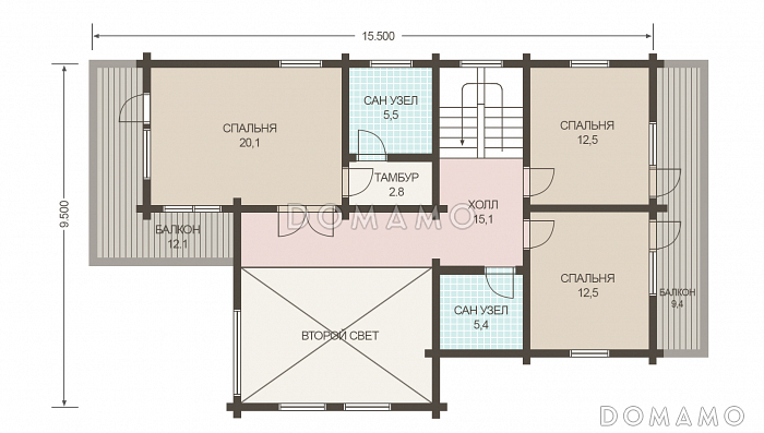 Проект двухэтажного дома из клееного бруса с двумя гостевыми комнатами на первом этаже / План мансардного этажа Проект двухэтажного дома из клееного бруса с двумя гостевыми комнатами на первом этаже / План мансардного этажа