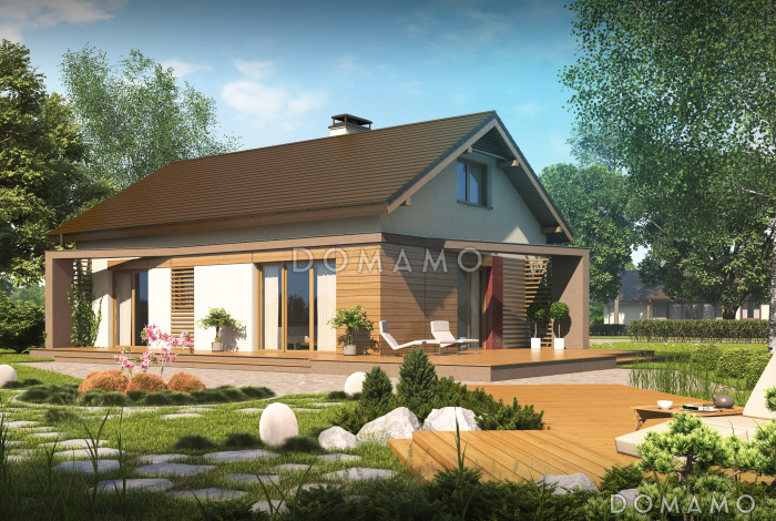 Проект компактного одноэтажного дома из кирпича с оригинальной открытой террасой по периметру Проект компактного одноэтажного дома из кирпича с оригинальной открытой террасой по периметру