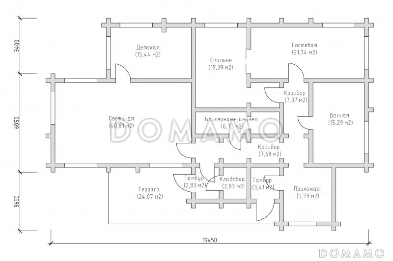 Проект одноэтажного дома с отделкой под брус и витражными окнами / План 1 этажа