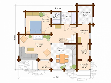 Проект дома из клееного бруса с гостевой комнатой на первом этаже / План 1 этажа Проект дома из клееного бруса с гостевой комнатой на первом этаже / План 1 этажа