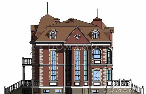 Проект двухэтажного дома с цоколем и мансардой, с сауной, бассейном и вторым светом  / Фасад 3