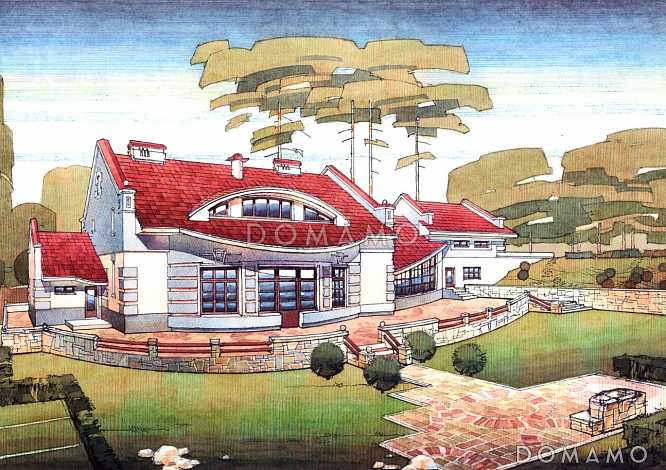 Проект двухэтажного дома с просторной гостиной, зимним садом, бассейном и кабинетом на втором этаже Проект двухэтажного дома с просторной гостиной, зимним садом, бассейном и кабинетом на втором этаже