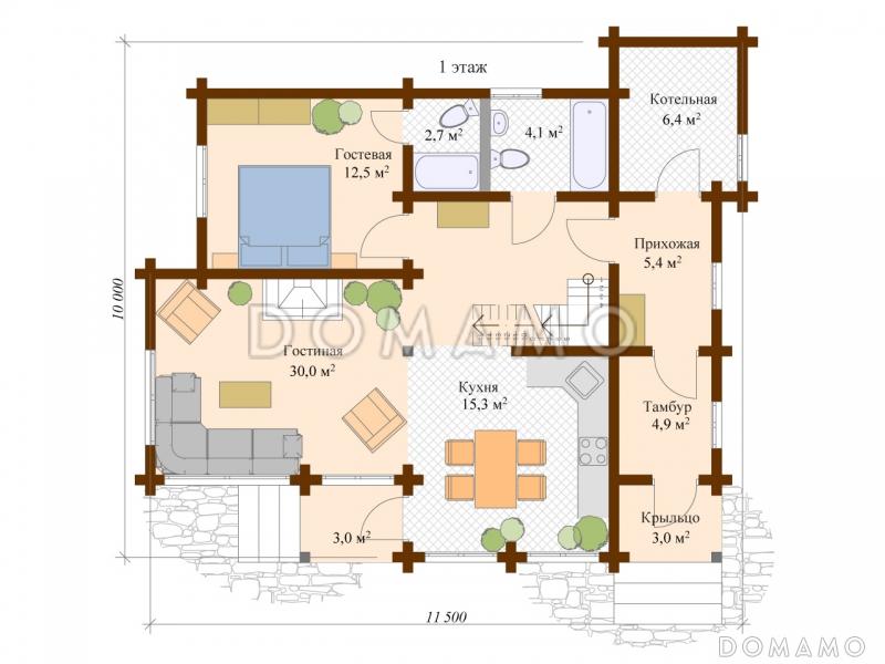 Проект дома из клееного бруса с гостевой комнатой на первом этаже / План 1 этажа