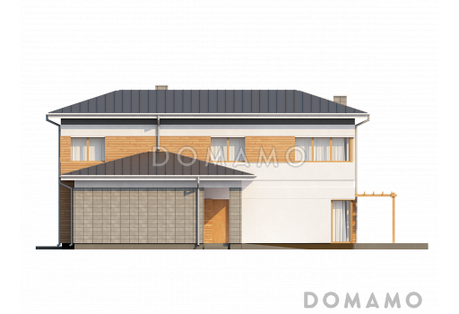 Проект современного двухэтажного дома из газобетона с четырьмя спальнями и пристроенным гаражом / Фасад 2