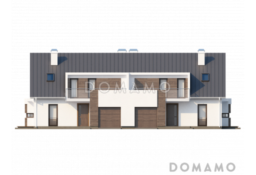 Проект современных мансардных домов-близнецов из кирпича с гаражом, слуховым окном и балконом / Фасад 1