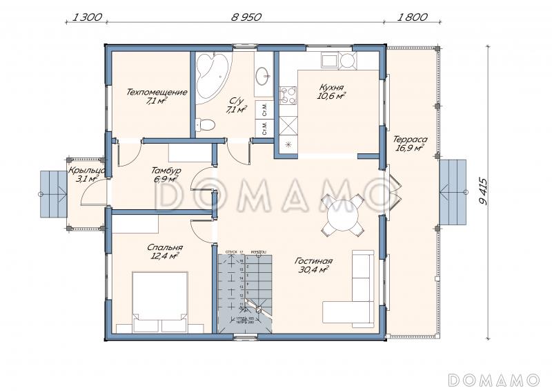Каркасный дом "Шале" / План 1 этажа