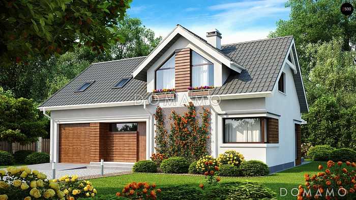 Проект мансардного дома из газобетона с четырьмя спальнями, вторым светом и гаражом 