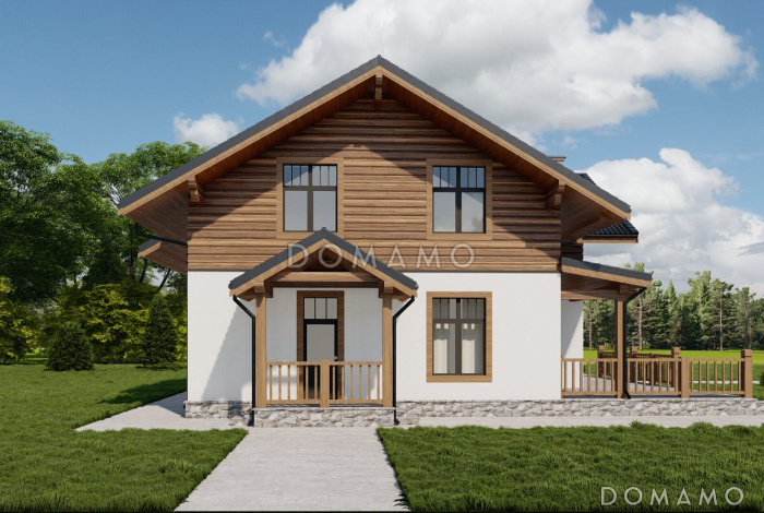 Проект двухэтажного газобетонного дома с просторной террасой, сауной и пятью спальнями Проект двухэтажного газобетонного дома с просторной террасой, сауной и пятью спальнями