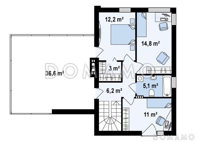 Проект современного двухэтажного дома из кирпича с тремя спальнями и террасой над одноместным гаражом / План 2 этажа