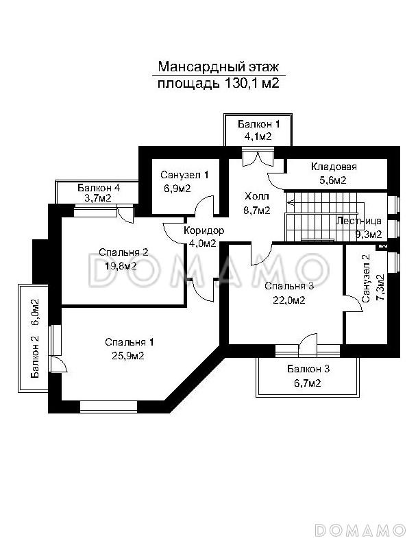 Проект коттеджа с четырьмя балконами / Мансардный этаж