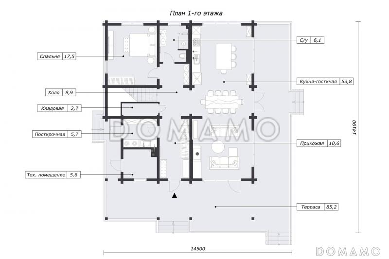 Проект дома из бруса с 4 спальнями, вторым светом и длинной террасой / План 1 этажа