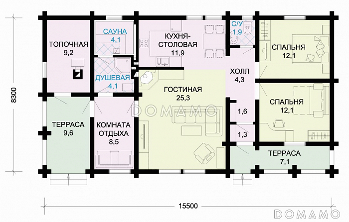 Проект одноэтажного лаконичного дома из оцилиндрованного бревна с просторной гостиной / План 1 этажа Проект одноэтажного лаконичного дома из оцилиндрованного бревна с просторной гостиной / План 1 этажа