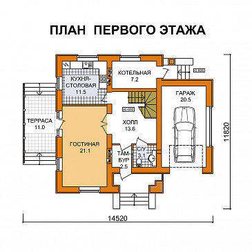Коттедж из газобетона с гаражом на одну машину / План 1 этажа