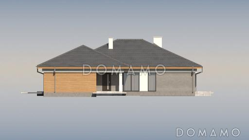 Проект одноэтажного просторного дома из газобетона с крытой террасой, эркером и гаражом для двух автомобилей  / Фасад 2