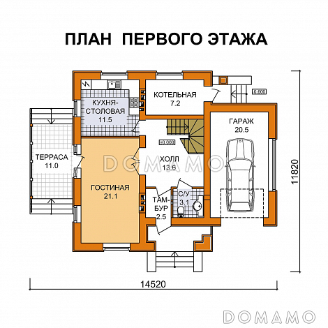 Коттедж из газобетона с гаражом на одну машину / План 1 этажа