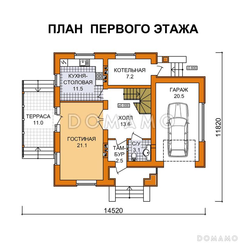 Коттедж из газобетона с гаражом на одну машину / План 1 этажа
