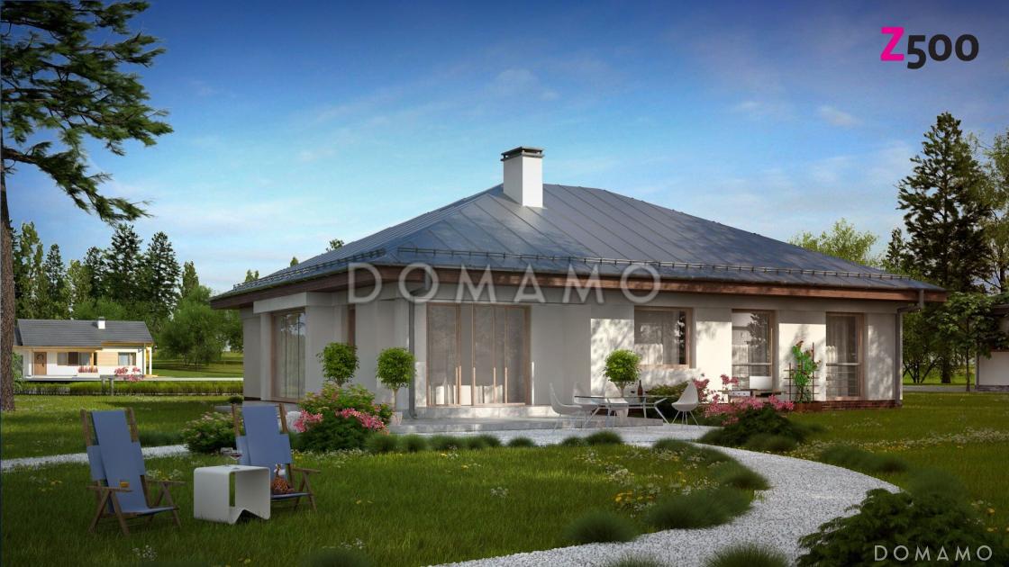 Проект одноэтажного дома из кирпича с окнами до пола в дневной и ночной зоне и с большим гаражом и техническим помещением / 1