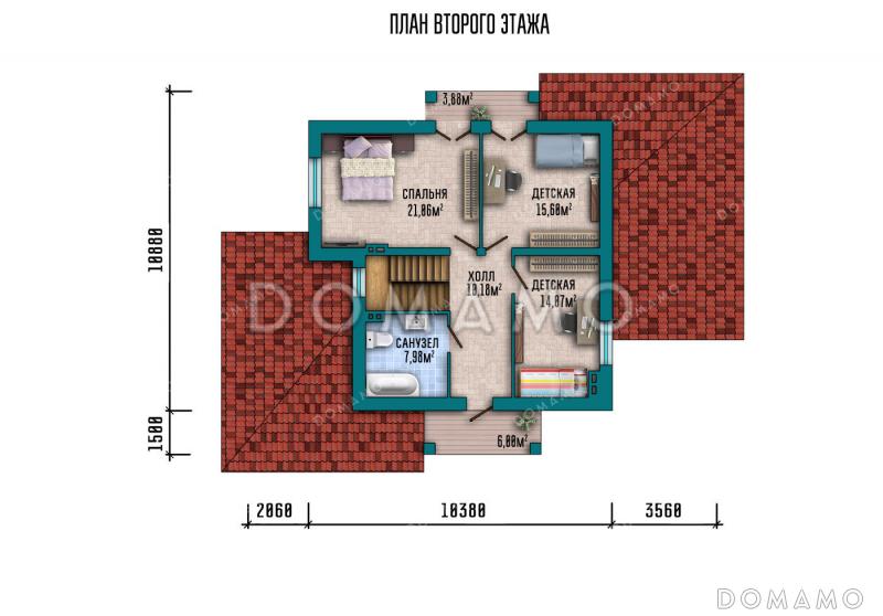 Проект дома с навесом для автомобиля, крытой террасой и двумя балконами на мансарде / План мансардного этажа
