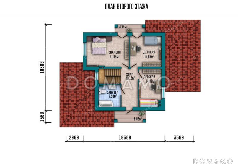Проект дома с навесом для автомобиля, крытой террасой и двумя балконами на мансарде / План мансардного этажа
